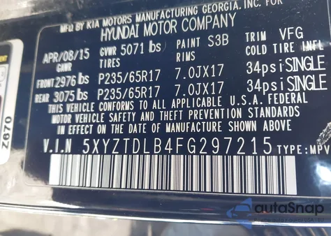 2015 Hyundai Santa Fe Sport 2.4L из США, поврежденный, VIN 5XYZTDLB4FG297215